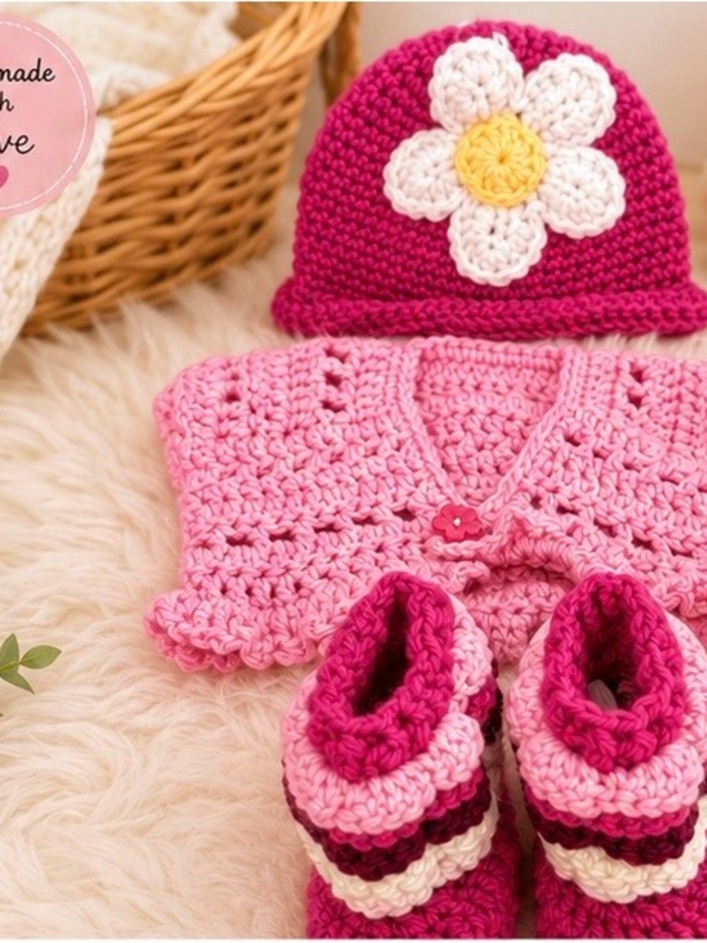 Handmade Crochet Newborn
Gift Set - Hat, Sweater & Booties - Daisy Flower